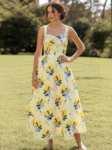 ÉTHER D'OR 女式撞色蕾丝花卉印花优雅长款吊带裙 - Butter Yellow - 查看 5