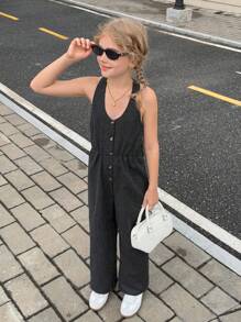 SHEIN Tween 女童夏季休闲条纹露背吊带连体裤 - 黑色 - 查看 1