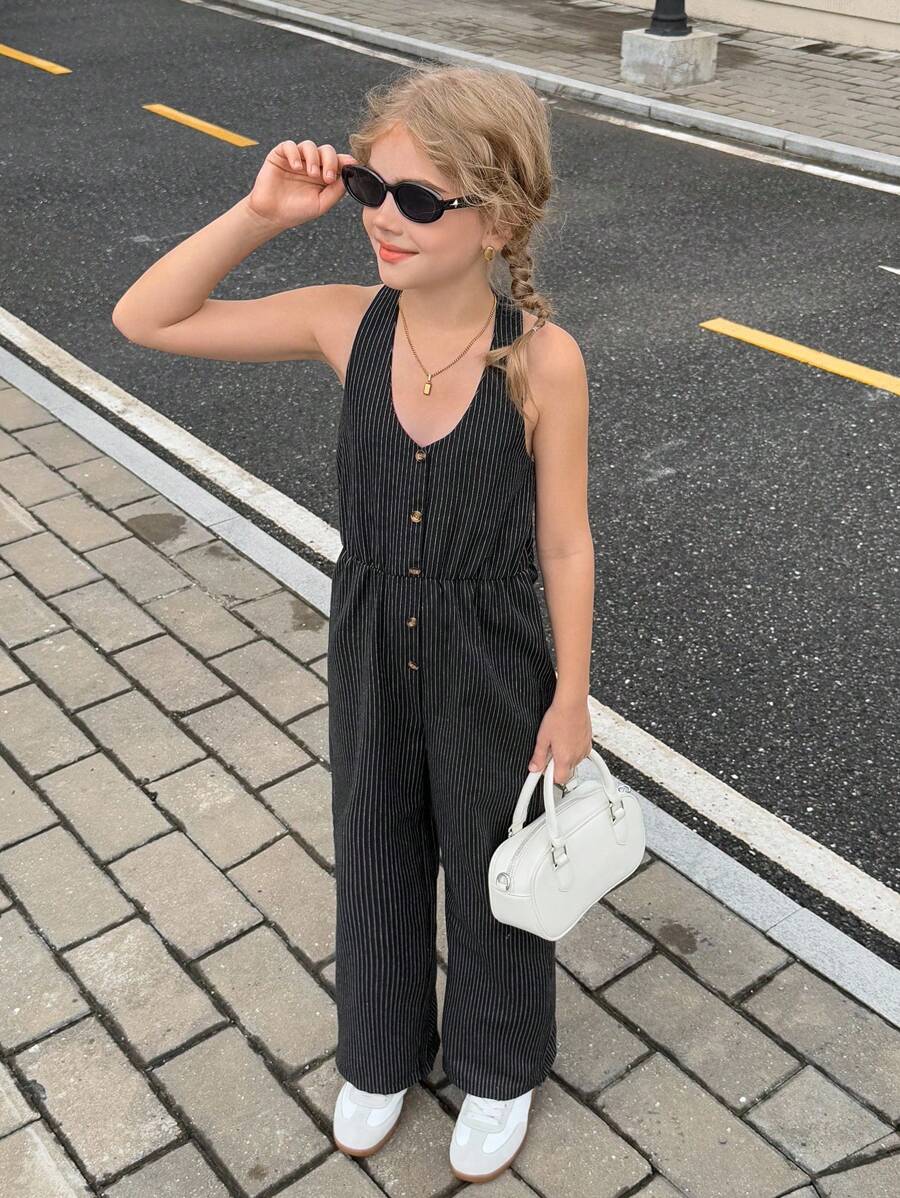 SHEIN Tween 女童夏季休闲条纹露背吊带连体裤 - 黑色 - 查看 1