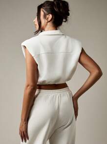 MISSGUIDED Colete Cropped de Moletom com Zíper Frontal, Sem Mangas, Gola, Roupa de Academia, Moda Esportiva Moderna, Regata, Streetwear, Roupa de Primavera e Verão - Branco - Visão 2