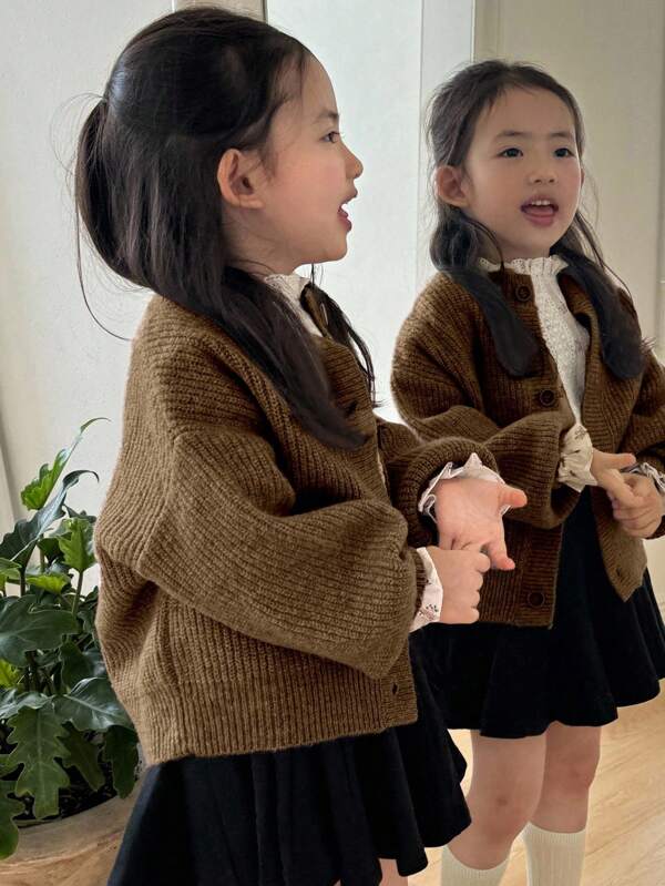 DAZY Young Girl Solid Color Drop Shoulder Long Sleeve Single-Breasted Loose Casual Knit Cardigan Fall/Winter