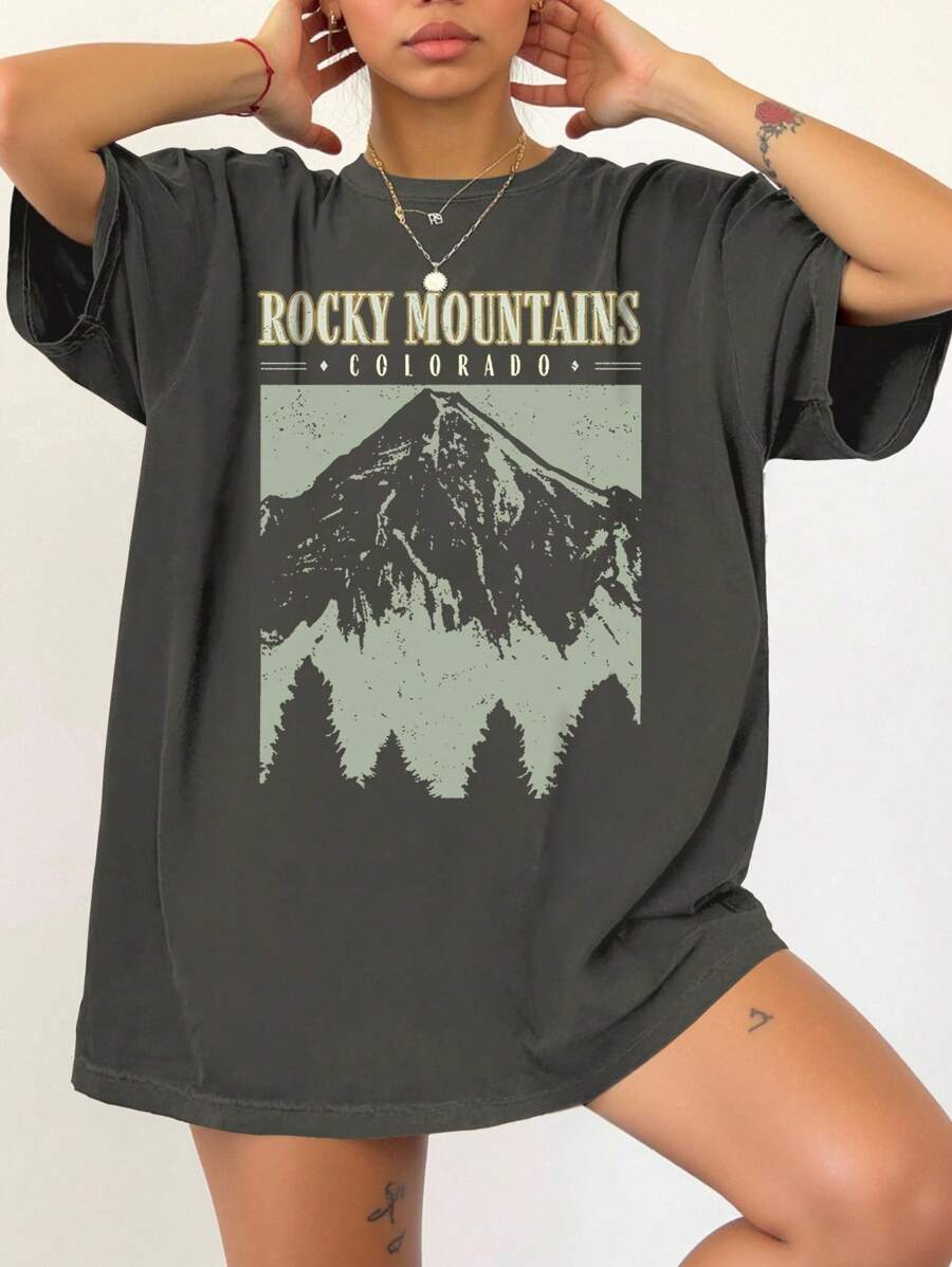 INAWLY Plus Size Women's Letter & Mountain Print Round Neck Short Sleeve Casual T-Shirt Graphic Tees Women Tops - Dark Grey - View 1