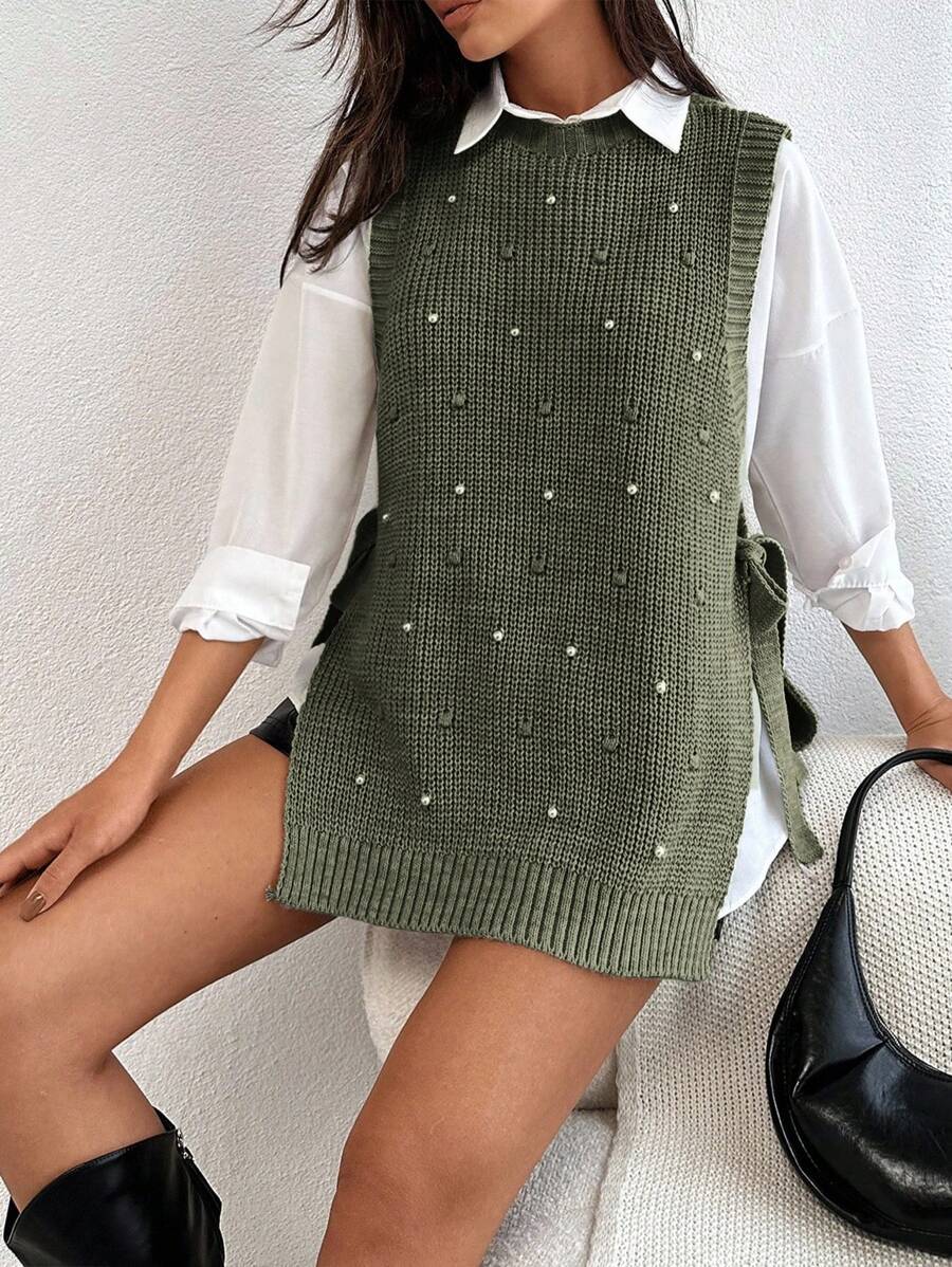 EURMUSE Round Neck Sleeveless Sweater With Pearls - Army Green - View 1