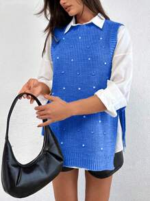 EURMUSE Round Neck Sleeveless Sweater With Pearls - Royal Blue - View 3