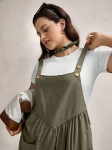 Zelara 加大码纯色连体衣，带两个口袋 - 軍綠色 - 查看 3