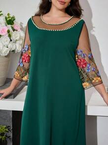 Al Najma Round Neck Puff Sleeve Colorful Embroidery Loose Hem Dress, Spring/Autumn - Dark Green - View 8