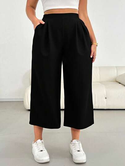 Shapeblank Plus Size Women's Spring And Summer Fashion Casual Loose Comfortable Breathable Daily Black Textured Fabric Elastic Waist Wide Leg Pants Cropped Pants,Baggy Pants,Going,Work Pants,Airport,Fall