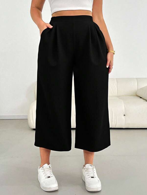 Shapeblank Damen Große Größen Frühling und Sommer Mode Lässig Locker Bequem Atmungsaktiv Alltag Schwarze strukturierte Stoff Elastischer Bund Weite Beine Caprihose, Baggy Hose, Ausgehen, Arbeitshose, Flughafen, Herbst