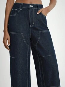 Daynim Women's Casual Vacation Button Fly Wide Leg Jeans Casual Pants Going Out Pants - Dark Wash - View 5
