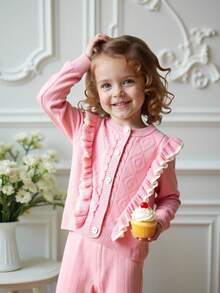 SHEIN Young Girls Casual Cute Pink Fairy Autumn Ruffled Knit Cardigan&Knit Pants Set,Soft Comfortable Outfit For Daily,Outdoor,Travel,Vacation,Fall Winter - Pink - View 5