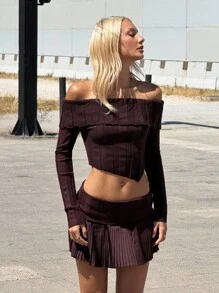 SHEIN ICON Women's Solid Color Off Shoulder Long Sleeve Asymmetric Hem Cropped Sweater And Pleated Knit Mini Skirt 2 Pieces Set Fall Women Clothes - Brown - View 4
