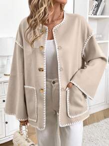 Serisse 女式落肩长袖金属单排扣宽松休闲人字纹饰边夹克 - 杏色 - 查看 7