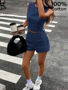 Siren Gaze Ensemble 2 pièces femme, Top sans manches avec nœud dans le dos et short, couleur unie, style décontracté