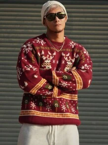 DAZY 秋季男士休闲鹿纹落肩长袖针织毛衣，圣诞节 - 彩色 - 查看 10