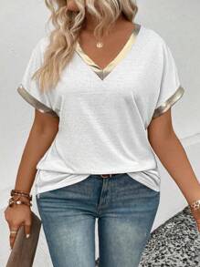 EMERY ROSE Women's Casual V-Neck Short Sleeve PU Leather Patchwork Gold Trim Plus Size T-Shirt