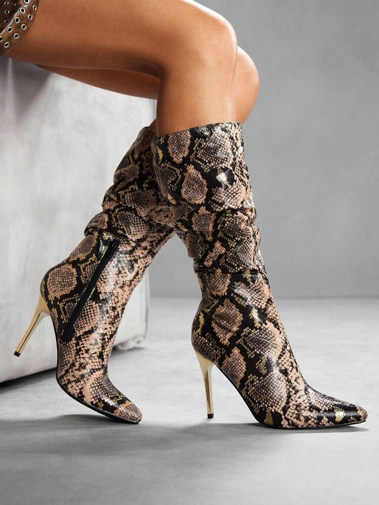 CUCCOO SZL Ruched Snake Skin Pattern Pointed Toe High Heel Fashion Boots For Women For Christmas Spring Shoes