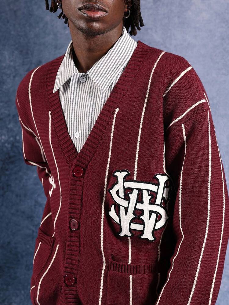 Varsity Letter Knit Cardigan With Striped Pattern