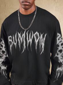 SUMWON Alternativ Gothic Streetwear Langarm T-Shirt in Oversized Passform mit Totenkopf Grafik-Muster, Winter Festival Konzert Punk Rock Stil