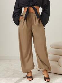 Vixey Casual Solid Color Drawstring Ankle Pants, Business Casual Woman, Office - Brown - View 2