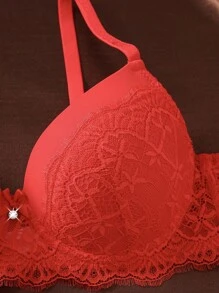 1 szt. koronkowy, patchworkowy, seksowny, romantyczny biustonosz bez fiszbin dla kobiet z małym biustem - Czerwony - Zobacz 3