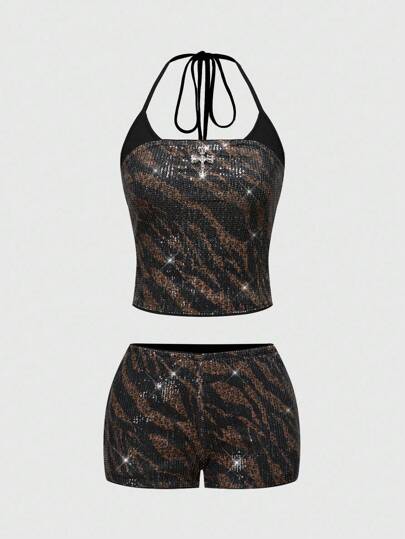 J-Fashion Shorts sexy à taille basse pour femmes, style rétro hippie, imprimé léopard et zèbre avec paillettes. Ensemble 2 en 1 avec gilet pailleté