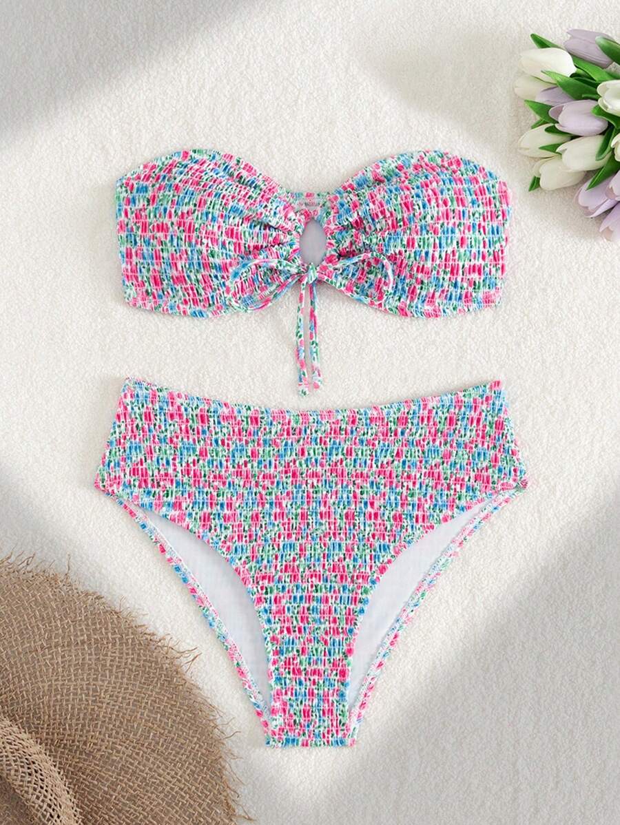 Swim Mod Random Print Strappy Bandeau Bikini Set, Women Casual Beach Resort Swimwear For Island Vacation, Pool Party, Cruise For Summer - Multicolor - View 1