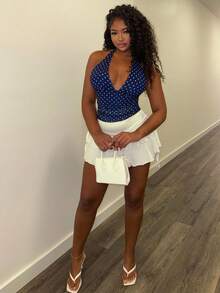 Alexandranx 女士露背挂脖印花修身休闲背心 - 藏蓝色 - 查看 5