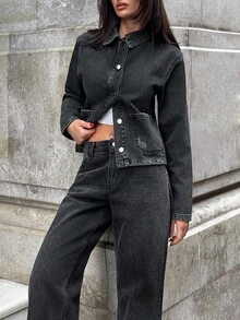 EURMUSE WOMEN GREY DENIM JACKET WITH USABLE POCKETS - Black - View 7