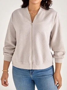 Comfylo Jaqueta Casual de Moda para Ir e Vir, Cor Sólida Texturizada, Tamanho Plus, Roupa de Outono para Mulheres, Estilo Old Money - Caqui - Visão 5