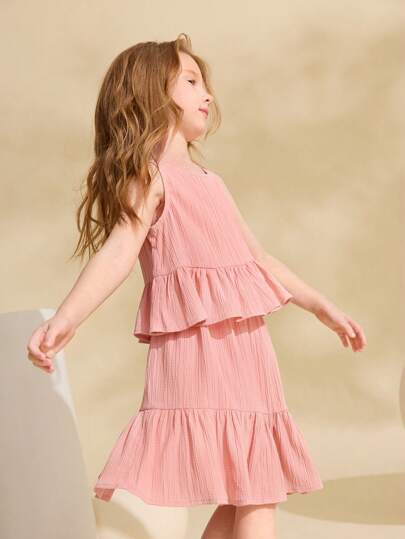 Ontre 2件套年轻女孩休闲荷叶边下摆吊带背心和裙子套装