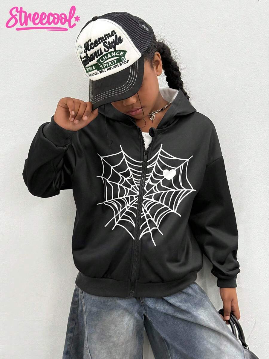 Tween Girls Spider Web & Heart Print Zip-Up Hoodie Sweatshirt - Black - View 1