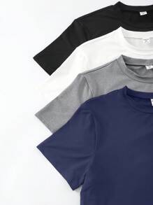 SHEIN Vacaura Áo thun tay ngắn màu trơn dành cho thiếu niên/bé trai, thích hợp mặc hàng ngày, thiết kế màu trơn, cổ tròn cổ điển, mềm mại và thoải mái - Nhiều màu - Xem 4