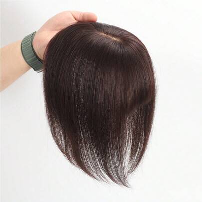 Tóc giả bằng tóc thật màu nâu sô cô la nguyên chất làm từ tóc thật nguyên chất, kẹp tóc thẳng màu nâu đen tự nhiên cho phụ nữ, kích thước 8 x 12 cm, không có tóc mai