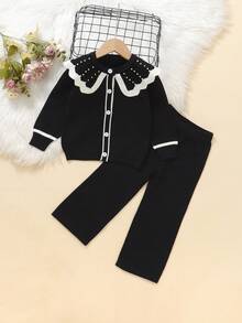 SHEIN Elladie kids Young Girls Elegant Black Sweater Co-Ord Set With Pearl Decor Collar, Long Sleeve Knit Cardigan + Wide Leg Knit Pants, Soft Fabric Suitable For Daily, Outdoor, Travel, Holiday, Home, Daycare, School, Party Wear Fall Winter - Black - View 5