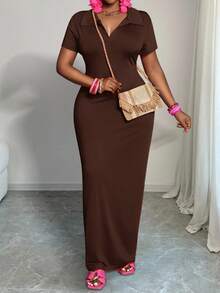 Slaydiva 女士大码休闲百搭夏季日常简约休闲修身高弹力Polo领短袖连衣裙棕色长款连衣裙巧克力棕色连衣裙棕色连衣裙长款棕色连衣裙棕色紧身连衣裙 - 棕色 - 查看 4