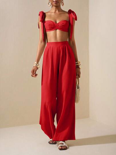 Zivah Beach New Spring And Summer Casual Holiday Bowknot Shoulder Straps Chest-Wrapped Heart Collar Cropped Top + Wide-Leg Super Trousers Apricot Women's Two Pieces Se,Textured Fabric Material