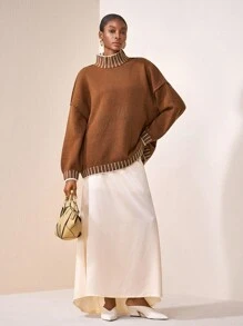 Zivah 秋冬灯笼袖毛衣，厚款半高领休闲宽松撞色套头衫 - 棕色 - 查看 7