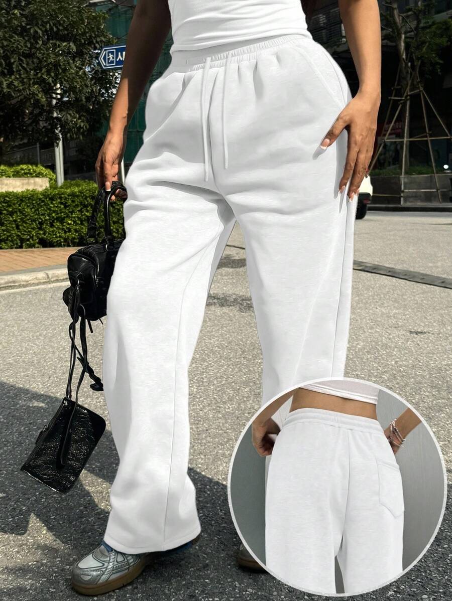 SHEIN EZwear 女式纯色系带口袋休闲宽松运动裤，秋冬 - 白色 - 查看 1