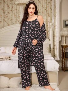 FloralLove 女士加大码系带长袖睡袍吊带衫，植物图案设计，秋冬服装，舒适套装 - 黑色 - 查看 3