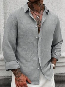 Manfinity Homme Men Plain Front Button Casual Linen Blend Long Sleeve Shirt,Fall - Grey - View 7