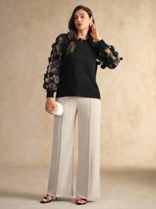 Flouryn Plus Size Women Round Neck Patchwork Round Sequin Mesh Long Sleeve Pullover Sweater Birthday Fall Elegant Women Sweaters Knitted Tops For Women Pullover For Women Fall Winter - Black - View 4