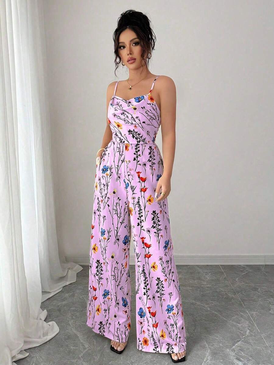 SHEIN PETITE Bộ đồ liền thân ống rộng không tay họa tiết hoa thanh lịch dành cho nữ, Xuân/Hè - Màu tím - Xem 1