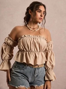 SHEIN VCAY Plus Size Off Shoulder Bell Sleeve Casual Blouse Crop Top, Y2k Cute Going Out Tops Women Fall Airport Basic Tops Khaki Back To School Teacher School Country Concert Western Boho Grunge Vintage Old Money Winter Fairycore Fall Plus Size Baggy Autumn - Khaki - View 5