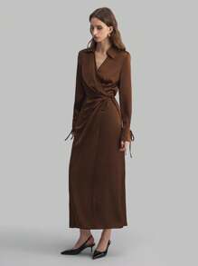 Ontre Women's Brown Autumn And Winter Wrap Dress, Lapel Long Sleeve Tie V-Neck Dress, Waist Loose Casual Commuter Brown Business Dress, Teacher Dress