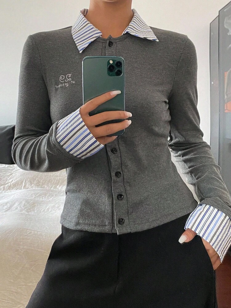 Women's Striped Patchwork Embroidered Slim Fit Long Sleeve Casual Cardigan T-Shirt, Autumn/Winter
