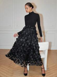 Rafferiza Women's Turtleneck Ribbed Splice Floral Mesh Elegant Long Sleeve Dress Maxi Women Outfit - Black - View 3