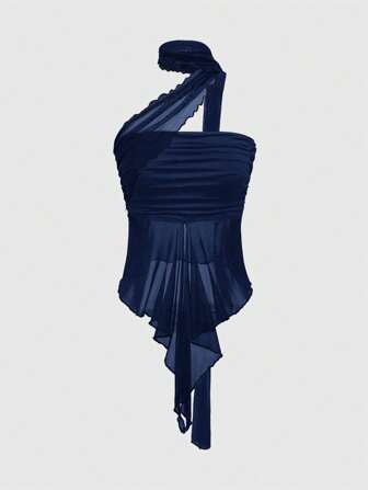 Goth Top corto con bufanda de rejilla desmontable con pliegues de estilo y sexy para mujeres