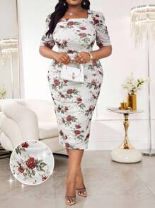 SHEIN Lady فستان جسم مثبت بطبعات زهور أنيقة للسيدات البدينات، فساتين صيفية أنيقة للسيدات البدينات فساتين أنيقة للسيدات البدينات - متعدد الألوان - مشاهدة 7
