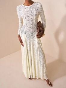 Zivah 2025新款休闲度假日常约会通勤优雅沙滩邮轮派对简约网红爆款生日派对宴会高端俱乐部圆领长袖透明玫米色蕾丝修身伞裙A字裙百褶裙长裙女士长裙-A - 米色 - 查看 5