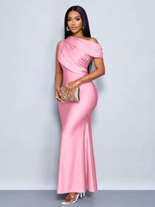 SOLERSUN 夏季女士婚礼派对优雅杏色针织亮面面料不对称露肩无袖拼接收腰修身鱼尾裙摆长裙